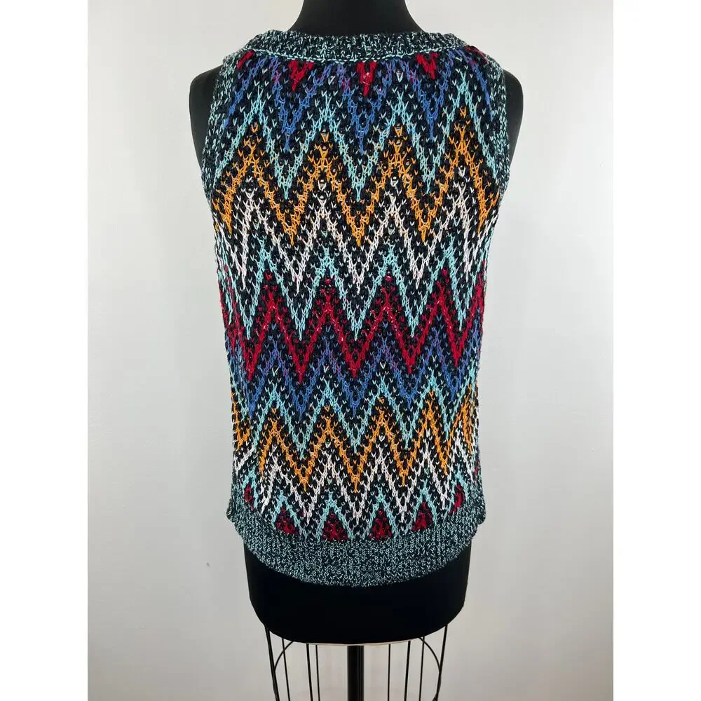 White + Warren Multicolor Sleeveless Crewneck Zig-Zag Knit Sweater Size S Small